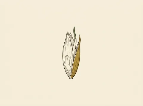 A line illustration of a single grass seed kernel, drawn large enough to show its husk and structure.